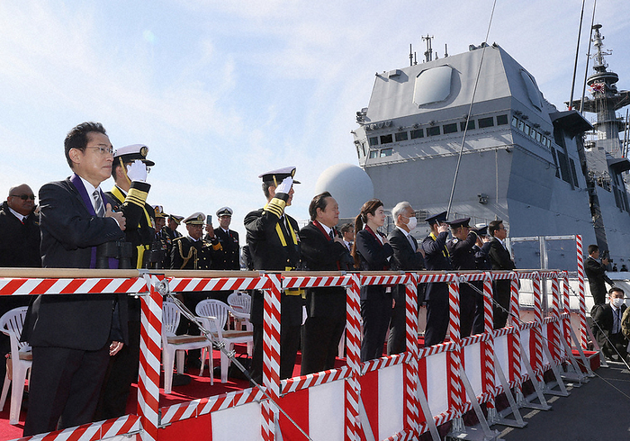 International Shipwatching Ceremony to mark the 70th anniversary of the KAIZEN for the first time in 20 years. Prime Minister Kishida  far left  observes from aboard the Maritime Self Defense Force destroyer Izumo at the International Fleet Watching Ceremony in Sagami Bay off Kanagawa Prefecture at 11:11 a.m. on November 6, 2022  representative photo .