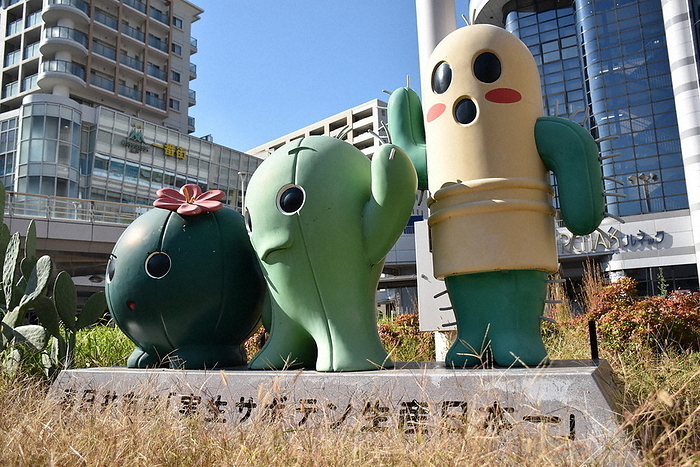 Cactus statue welcoming visitors in front of JR Kachigawa Station, the western gateway to Kasugai City A cactus statue welcoming visitors in front of JR Kachigawa Station, the western gateway to Kasugai City, 2022 in the city. October 21, 1:46 p.m., photo by Atsuko Ota
