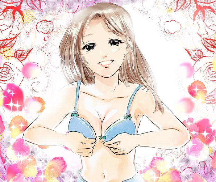 Color cartoon illustration of sexy long-haired girl model trying on bra with rose petal background