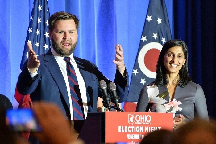 2022 U.S. Midterm Election Voting Day, Ohio, for J.D. Vance. Republican J.D. Vance  left  declares victory after his election is assured, in Columbus, Ohio, Midwestern U.S., Nov. 8, 2022  photo by Toshiyuki Sumi.
