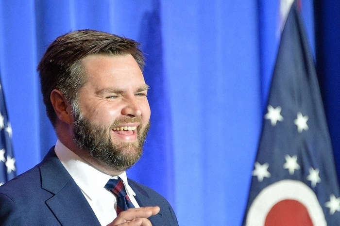 2022 U.S. Midterm Election Voting Day, Ohio, for J.D. Vance. Republican J.D. Vance smiles as he declares victory after his election is assured, in Columbus, Ohio, Midwestern U.S., Nov. 8, 2022  photo by Toshiyuki Sumi.