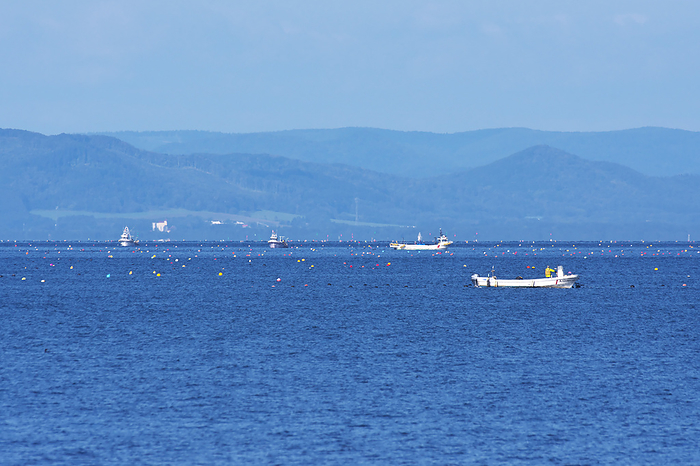 Lake Saroma and scallop fishing boats Hokkaido