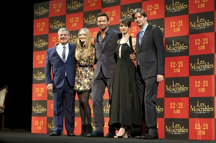 Cameron Mackintosh, Amanda Seyfried, Hugh Jackman, Anne Hathaway and Tom Hooper, Nov 28, 2012 :  Tokyo, Japan - (L to R) The Producer Cameron Mackintosh, Amanda Seyfried, Hugh Jackman, Anne Hathaway and the Director Tom Hooper come to the special event of the musical movie Les Miserables in Tokyo. The movie is an adaptation of the successful stage musical based on the classic novel of Victor Hugo in the 19th century France. This film will be realized on December 21th in Japan. (Photo by Rodrigo Reyes Marin/AFLO)