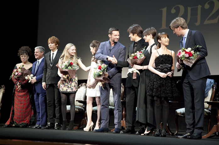 Cameron Mackintosh, Amanda Seyfried, Hugh Jackman, Anne Hathaway and Tom Hooper, Nov 28, 2012 :   Tokyo, Japan - The Japanese musical casts and the movie casts of Les Miserables at the stage of the special event in Tokyo. The movie is an adaptation of the successful stage musical based on the classic novel of Victor Hugo in the 19th century France. This film will be realized on December 21th in Japan. (Photo by Rodrigo Reyes Marin/AFLO)