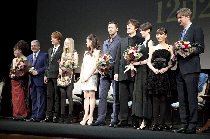 Cameron Mackintosh, Amanda Seyfried, Hugh Jackman, Anne Hathaway and Tom Hooper, Nov 28, 2012 :  Tokyo, Japan - The Japanese musical casts and the movie casts of Les Miserables at the stage of the special event in Tokyo. The movie is an adaptation of the successful stage musical based on the classic novel of Victor Hugo in the 19th century France. This film will be realized on December 21th in Japan. (Photo by Rodrigo Reyes Marin/AFLO)