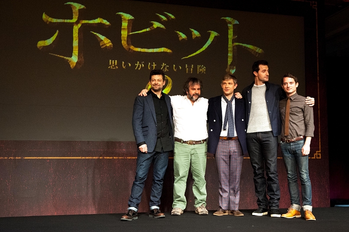 Peter Jackson and cast members, Dec 01, 2012 : Tokyo, Japan, Casts of ''The Hobbit'' appear at the press conference for ''The Hobbit: An Unexpected Journey'' by Peter Jackson in the Hotel Okura, Tokyo, Japan. This film will be released on December 14th in Japan. Andy Serkis, Martin Freeman, Richard Armitage and Elijah Wood, (Photo by Yumeto Yamazaki/AFLO)