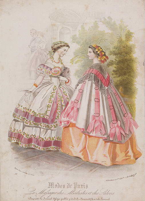 Two women wearing the latest fashions, 1859. Artist: Anon Two women wearing the latest fashions, 1859. The woman on the left is wearing an off the shoulder dress with a very full skirt that was achieved by wearing lots of petticoats, and a crinoline. The fullness of the skirt is also accentuated by the extremely tight bodice of the dress. The woman on the right is wearing a cloak over her dress which is decorated with lace, ribbon and bows.