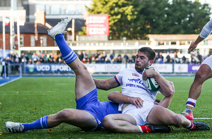Lukas Carvallo is tackled by Liam Turner 18 11 2022 Rugby Friendly, Energia Park, Donnybrook, Dublin 18 11 2022 Leinster vs Chile Chile s Lukas Carvallo is tackled by Liam Turner of Leinster Mandatory Credit  INPHO Tom Maher