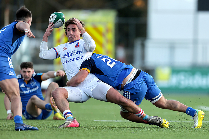 Clemente Armstrong is tackled by Scott Penny 18 11 2022 Rugby Friendly, Energia Park, Donnybrook, Dublin 18 11 2022 Leinster vs Chile Chile s Clemente Armstrong is tackled by Scott Penny of Leinster Mandatory Credit  INPHO Laszlo Geczo