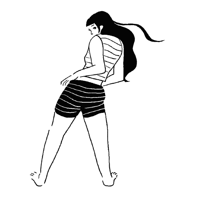 Line drawing of a woman in a pose looking back