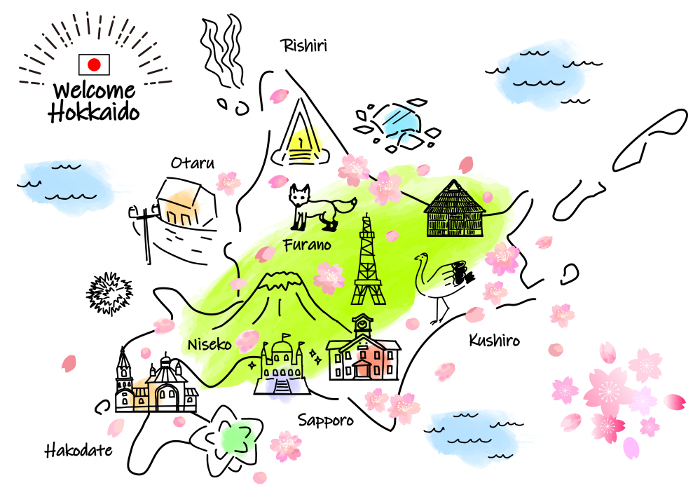 Simple line drawing illustration map of sightseeing spots in Hokkaido in spring (green)