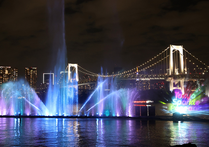 Tokyo 2020 1st Anniversary Project TOKYO SPARKLE PAGEANT November 27, 2022, Tokyo, Japan   An event of colorful fountain and projection mapping  Tokyo Sparkle Pageant  is displayed on the water at Tokyo s waterfront Daiba on Friday, November 27, 2022 for the celebration of the first anniversary of the Tokyo 2020 Olympic and Paralympic Games. The event will be every weekend through the end of this year.    Photo by Yoshio Tsunoda AFLO  