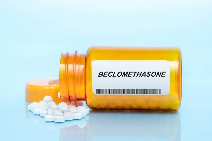 Beclomethasone pill bottle, conceptual image Beclomethasone pill bottle, conceptual image., by WLADIMIR BULGAR SCIENCE PHOTO LIBRARY