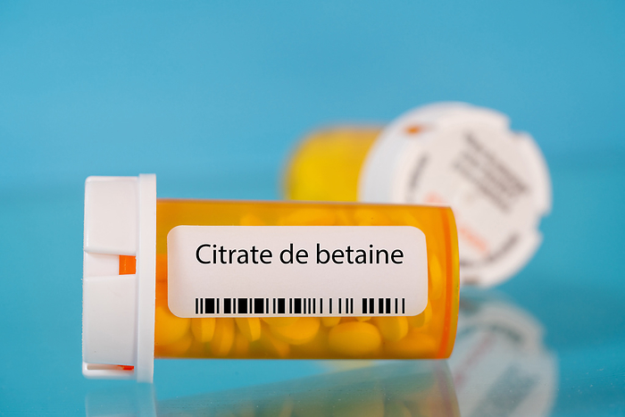 Citrate de betaine pill bottle, conceptual image Citrate de betaine pill bottle, conceptual image., by WLADIMIR BULGAR SCIENCE PHOTO LIBRARY