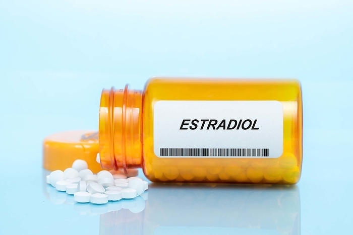 Oestradiol pill bottle, conceptual image Oestradiol pill bottle, conceptual image., by WLADIMIR BULGAR SCIENCE PHOTO LIBRARY