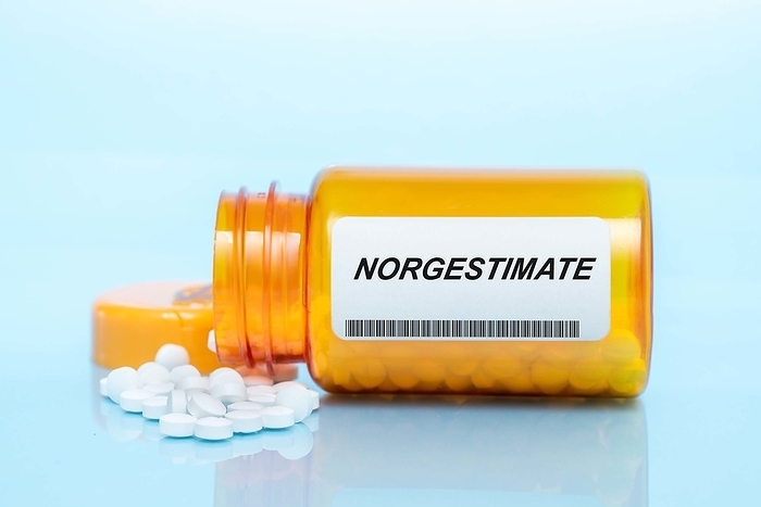 Norgestimate pill bottle, conceptual image Norgestimate pill bottle, conceptual image., by WLADIMIR BULGAR SCIENCE PHOTO LIBRARY