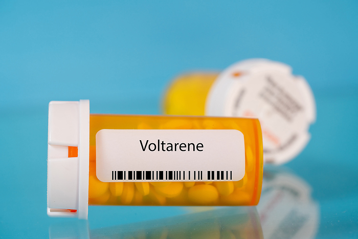 Voltarene pill bottle, conceptual image Voltarene pill bottle, conceptual image., by WLADIMIR BULGAR SCIENCE PHOTO LIBRARY