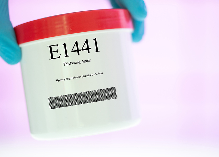 Container of the food additive E1441 Container of the food additive E1441, a thickening agent., by WLADIMIR BULGAR SCIENCE PHOTO LIBRARY