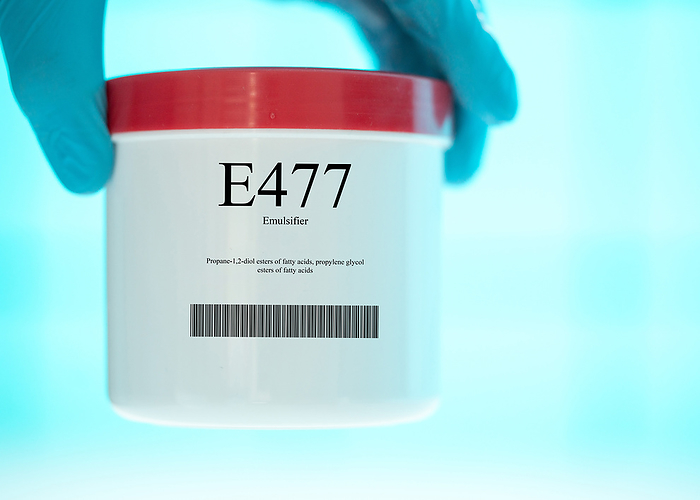 Container of the food additive E477 Container of the food additive E477, an emulsifier., by WLADIMIR BULGAR SCIENCE PHOTO LIBRARY