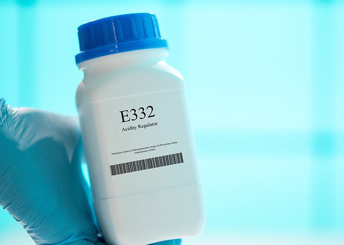 Container of the food additive E332 Container of the food additive E332, an acidity regulator., by WLADIMIR BULGAR SCIENCE PHOTO LIBRARY