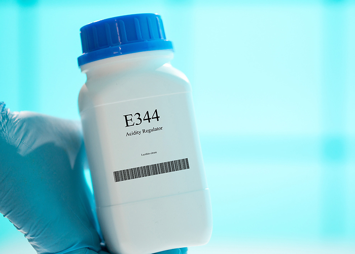 Container of the food additive E344 Container of the food additive E344, an acidity regulator., by WLADIMIR BULGAR SCIENCE PHOTO LIBRARY