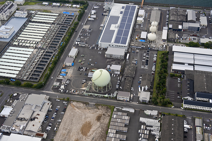 Sewage treatment plant, Kagoshima, Japan, aerial photograph Aerial photograph of a sewage treatment plant located in Kagoshima prefecture, Japan., by ANDY CRUMP SCIENCE PHOTO LIBRARY