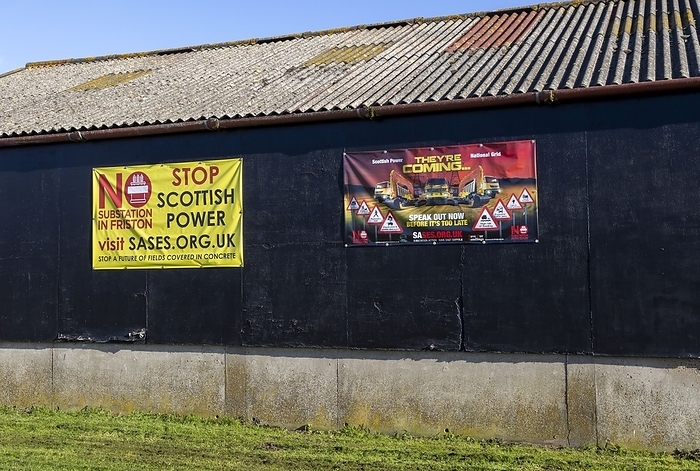 Protest campaign banners against electricity substation Protest campaign banners against Scottish Power and National Grid proposed electricity substation at Friston, Suffolk, England, UK., by Geography Photos UCG Universal Images Group Science Photo Library
