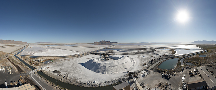 Salt Harvesting from Great Salt Lake The Morton Salt facility, Grantsville, Utah, USA, where salt is produced by impounding brine in shallow evaporation ponds at the edge of Great Salt Lake. The company sells this salt for water softening and ice melting., by JIM WEST SCIENCE PHOTO LIBRARY