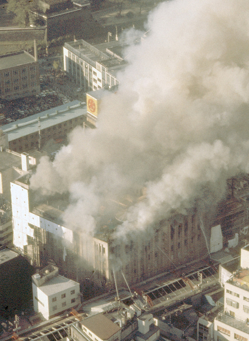 Fire at Taiyo Department Store, Kumamoto On November 29, 1973, just after 1:00 p.m., a fire broke out near the stairs from the second floor to the third floor of the Taiyo Department Store in Shimodori machi 1 chome, Kumamoto City. The fire spread quickly, enveloping the third floor and above in black smoke and almost completely destroying the interior of the third through eighth floors. At the time of the fire, there were 2,000 shoppers and 500 store employees in the building. Most of them escaped, but many others lost their way due to the power outage and died of suffocation caused by carbon monoxide and toxic gases generated by the burning merchandise and interior, or were injured by jumping off the building. It was the largest department store fire in Japan s history. The fire was the largest in the history of department stores in Japan, killing 104 customers and injuring 67 people. 