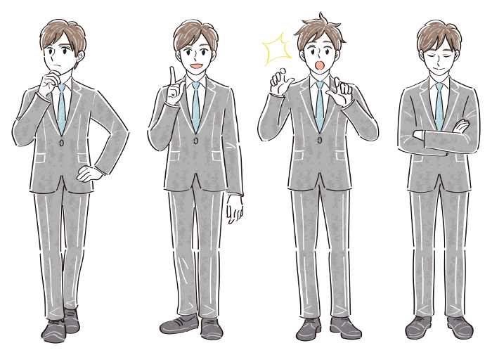 Full-body illustration set of men in business suits in facial expression poses (distressed explaining surprised nodding)