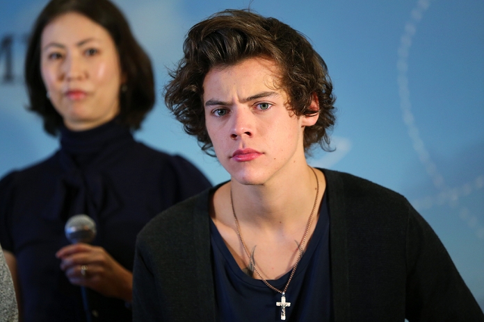 Harry Styles, Jan 18, 2013 :One Direction in Japan, January 18th 2013, Tokyo, Japan. (L-R) Liam Payne, Louis Tomlinson, Zayn Malik, Niall Horan, Harry Styles and Japanese actress Maki Horikita. One Direction's first press conference in Japan to promote their new album Take Me Home. The boy band is here for 3 days and will appear on Japanese TV's Friday night music show tonight before hosting a fan party on Saturday.  (Photo by AFLO)