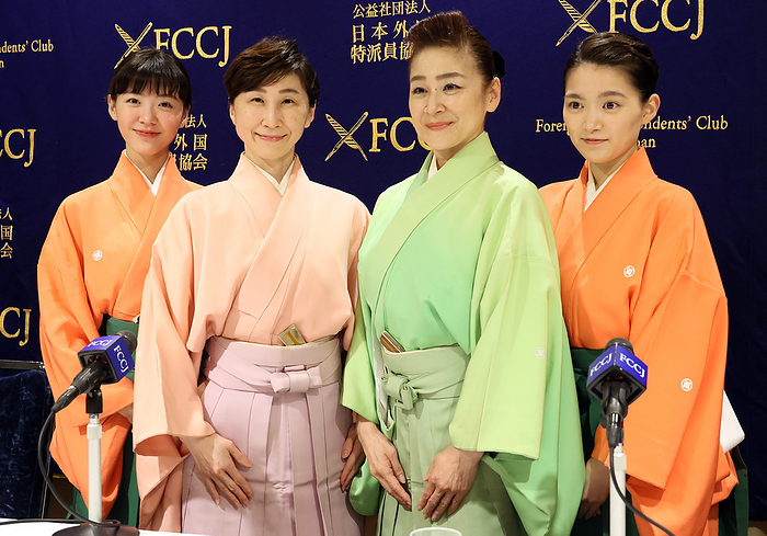 Female Kyogen performers hold a press conference December 7, 2022, Tokyo, Japan   Female Kyogen performers  L R  Ayame Izumi, Tokuro Miyake, Junko Izumi and Kyoko Izumi pose for photo as they hold a press conference to ask gender equality in Japanese performance arts at the Foreign Correspondents  Club of Japan in Tokyo on Wednesday, December 7, 2022. Kyogen is Japanese traditional comic play and UNESCO s world intangible cultural heritage.   Photo by Yoshio Tsunoda AFLO 