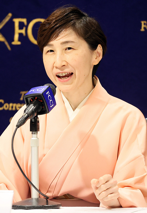 Female Kyogen performers hold a press conference December 7, 2022, Tokyo, Japan   The second female Kyogen performer Tokuro Miyake speaks at a press conference as female performers ask gender equality in Japanese performance arts at the Foreign Correspondents  Club of Japan in Tokyo on Wednesday, December 7, 2022. Kyogen is Japanese traditional comic play and UNESCO s world intangible cultural heritage.   Photo by Yoshio Tsunoda AFLO 