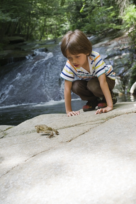 Boy crouching on rock looking at frog jump