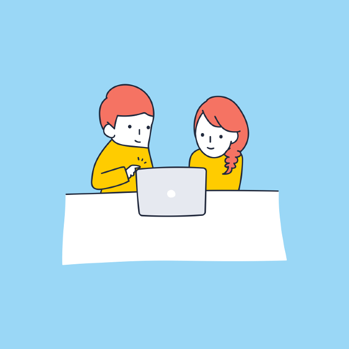 Clip art of a married couple collecting information by computer.