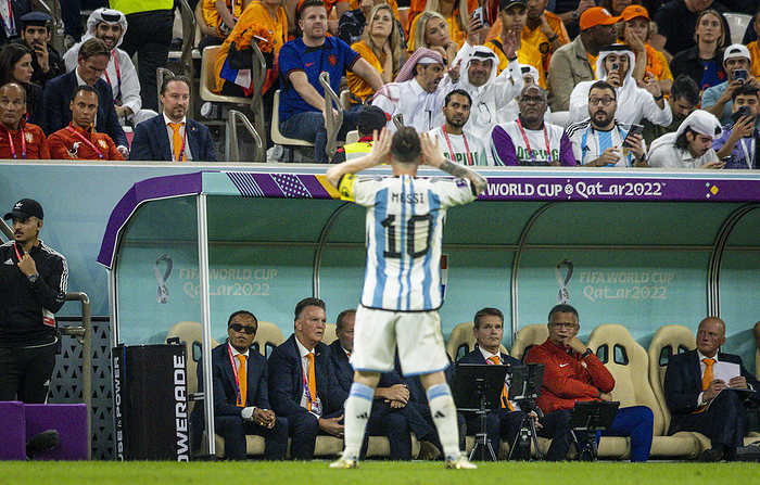 Doha, Qatar. 9th Dec, 2022. Lionel Messi  Arg  provokes with jubilation Trainer Louis van Gaal  Niederlande and the benc Argentina s Lionel Messi celebrates after scoring their 2nd goal in front of the Netherlands bench and head coach Louis van Gaal during the FIFA World Cup Qatar 2022 Quarter final match between Netherlands 2 3 4 2 Argentina at Lusail Stadium in Lusail, Qatar, December 9, 2022.  Photo by AFLO 