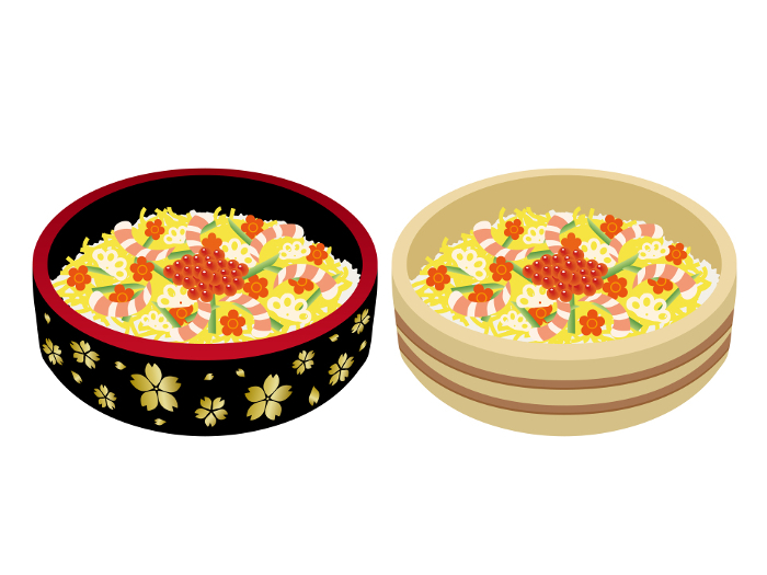 sushi rice in a box or bowl with a variety of ingredients sprinkled on top