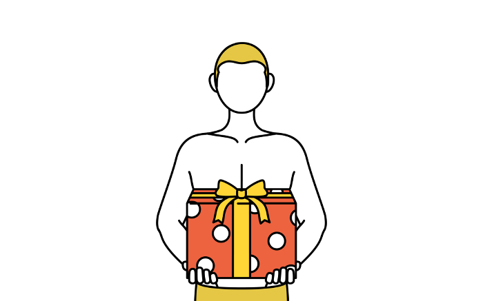 Image of a man in underwear holding a box of gifts, hair removal or men's esthetic salon