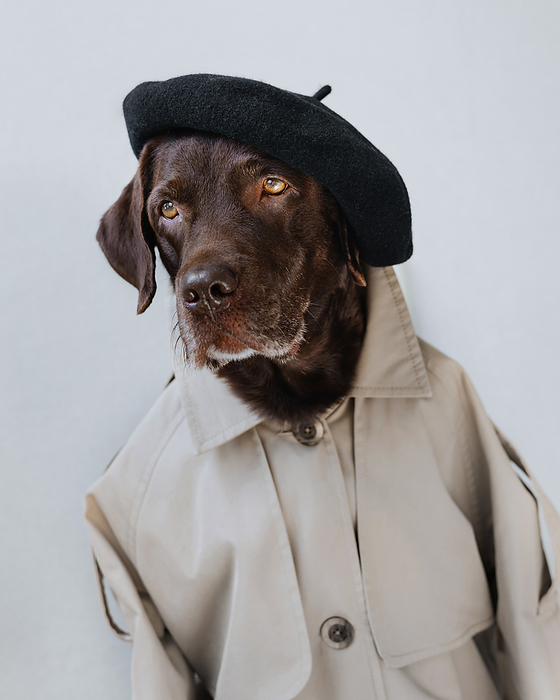 Portrait of a brown labrador in a beret and trench coat.