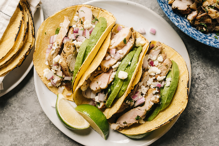 Cilantro Lime Chicken Tacos with Avocado and Red Onion