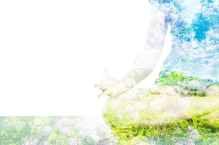 Nature harmony healthy lifestyle concept. Double exposure image of woman doing yoga asana Padmasana Lotus pose cross legged position for meditation with Chin Mudra, gesture of consciousness, Photo by Dmitry Rukhlenko