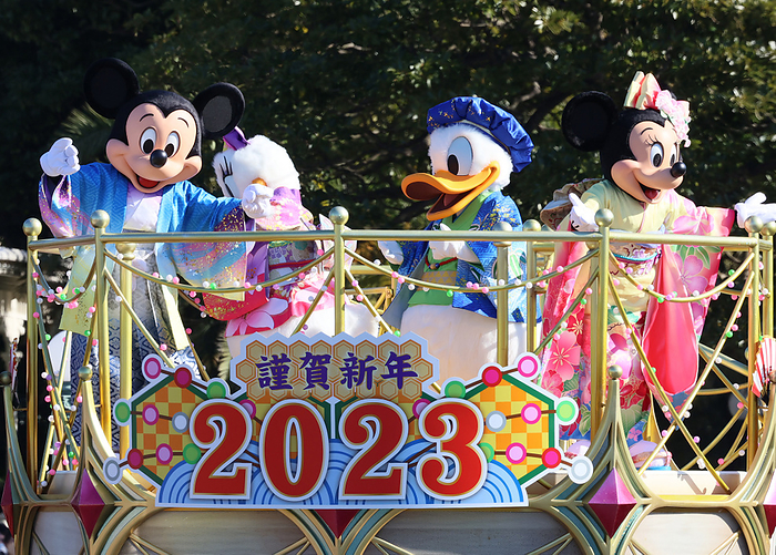 Disney characters Mickey and Minnie Mouse perform at the New Year parade January 1, 2023, Urayasu, Japan   Disney characters  L R  Mickey Mouse, Daisy Duck, Donald Duck and Minnie Mouse in traditional kimono dresses wave their hands to greet guests on a float at the New Year parade at the Tokyo Disneyland in Urayasu, suburban Tokyo on Sunday, January 1, 2023.   Photo by Yoshio Tsunoda AFLO 