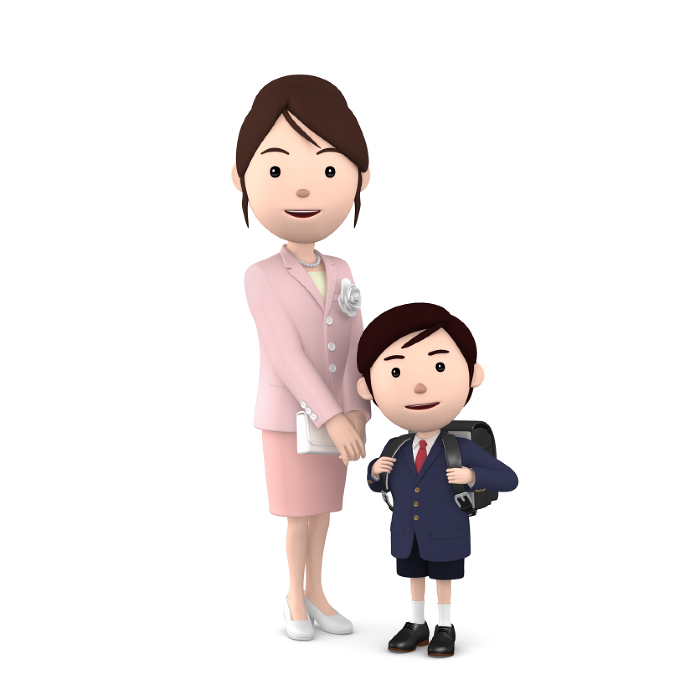 3D Clip art of mother and child at the entrance ceremony of elementary school