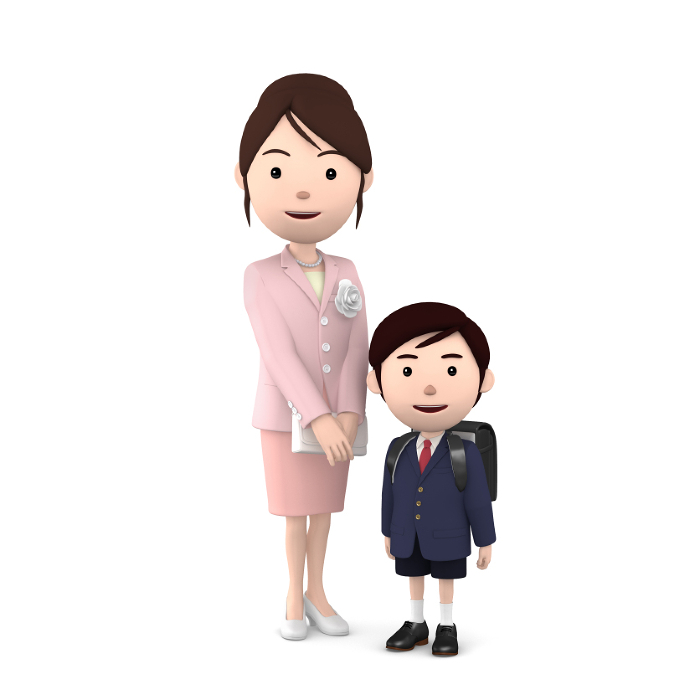 3D Clip art of mother and child at the entrance ceremony of elementary school