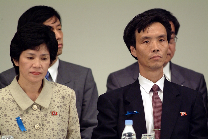 North Korean Kidnapped Victims Return to Japan  October 15, 2002  Japan: October 15, 2002, Tokyo   Kaoru Hasuike and his wife,former Yukiko Okudo, attend a news conference in Tokyo following her return to Japan from North Korea. She was one of the five Japanese citizens who were abducted by North Korean spies returned to Japan for the first time in almost a quarter of a century.   Photo by Kaku Kurita AFLO  FYJ