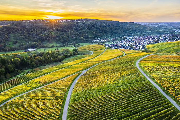 Germany, Baden-Wurttemberg, Drone view of town and vineyards in Remstal valley at sunset