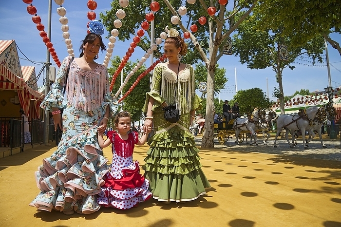 World Festivals Flamenco dancers and little girl at the Feria de Abril, Seville, Andaluc a, Spain, Europe