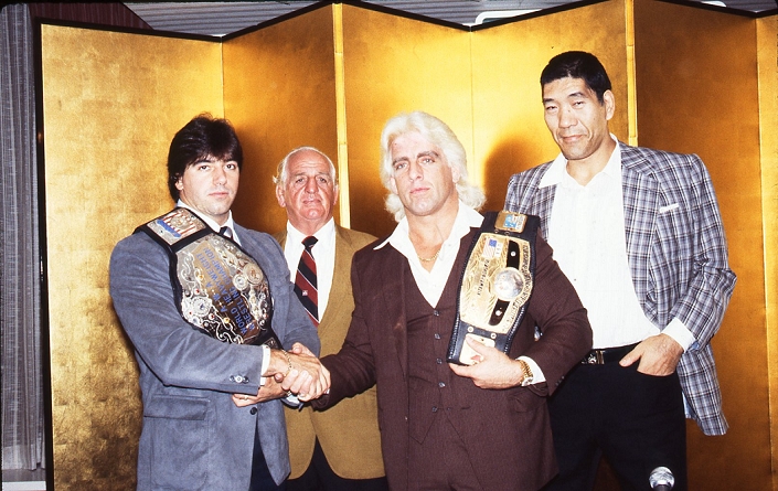 Pro Wrestling Ric Martel, Ric Flair 1985   Pro Wrestling : AWA Heavyweight Champion Rick Martel  left  and NWA Heavyweight Champion Ric Flair at the press conference to announce their dream double title match  Photo by Moritsuna  Kimura AFLO   From left to right  Rick Martel, Lord Blears, Ric Flair, Giant Baba