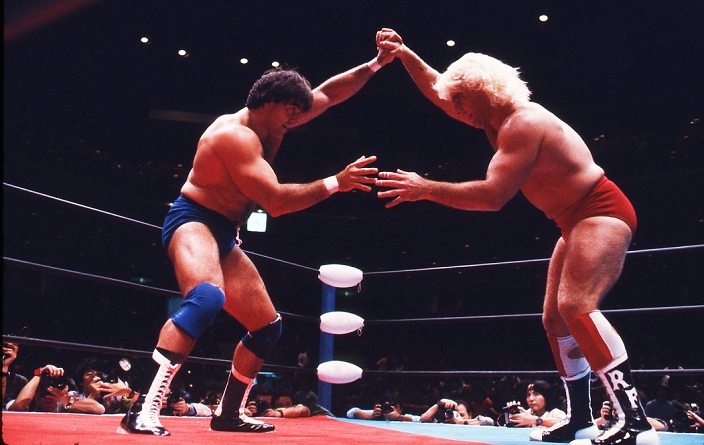 NWA AWA Double Title Match Martel vs. Flair  L R  Rick Martel, Ric Flair, OCTOBER 21, 1985   Pro Wrestling : AWA World Heavyweight Champion Rick Martel and NWA World Heavyweight Champion Ric Flair in action during the NWA and AWA unification title bout in the All Japan Pro Wrestling event at Ryogoku Kokugikan in Tokyo, Japan.  Photo by Moritsuna Kimura AFLO 