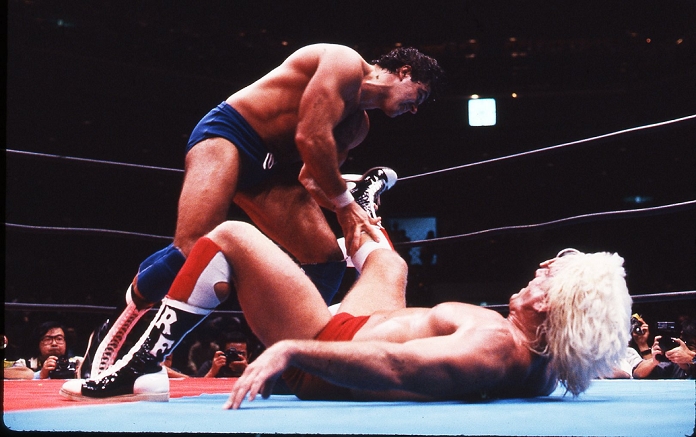 NWA AWA Double Title Match Martel vs. Flair  T B  Rick Martel, Ric Flair, OCTOBER 21, 1985   Pro Wrestling : AWA World Heavyweight Champion Rick Martel and NWA World Heavyweight Champion Ric Flair in action during the NWA and AWA unification title bout in the All Japan Pro Wrestling event at Ryogoku Kokugikan in Tokyo, Japan.  Photo by Moritsuna Kimura AFLO 